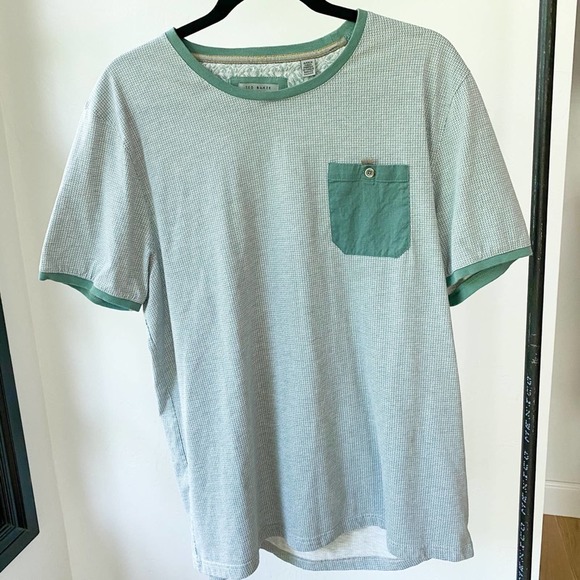 TED BAKER Men's Green/White Micro Pattern Chest Pocket Hicks Tee sz TB 6/US XL - Picture 1 of 8